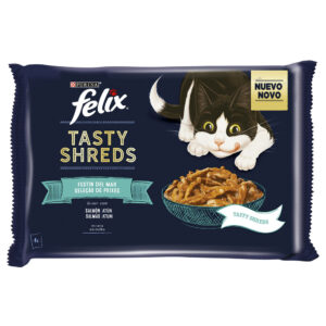 FELIX GATO TASTY SHREDS SALMÃO E ATUM 4X80G