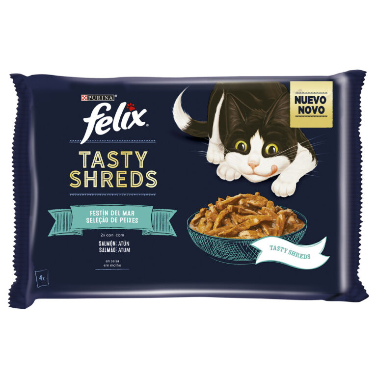 FELIX GATO TASTY SHREDS SALMÃO E ATUM 4X80G